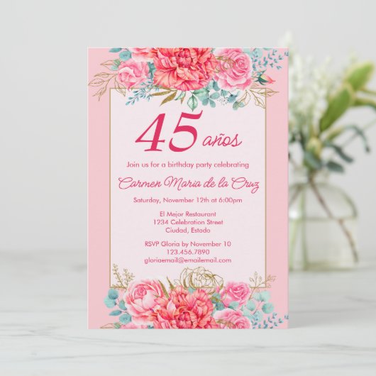 ピンクサンゴ花模様スペインの45thバースデーパーティー 招待状 (スタンド正面)