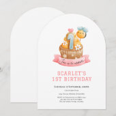 ピンクサンシャインカップケーキ1歳の誕生日 招待状 (正面/裏面)
