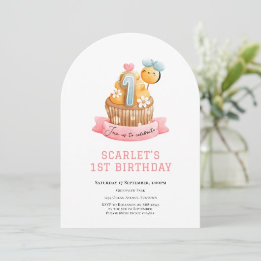 ピンクサンシャインカップケーキ1歳の誕生日 招待状 (スタンド正面)