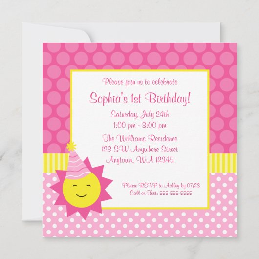 ピンクサンシャイン水玉模様1stバースデーフォト 招待状 (裏面)