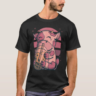 ピンクサンセットのタピオカ入り泡茶牛 Tシャツ