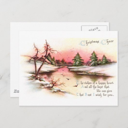 ピンクサンセットウィンターランドスケープヴィンテージクリスマス シーズンポストカード (正面/裏面)