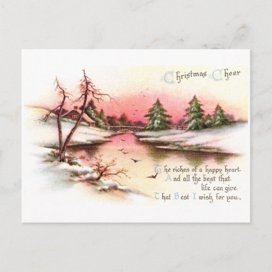 ピンクサンセットウィンターランドスケープヴィンテージクリスマス シーズンポストカード (正面)