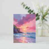 ピンクサンセット海ビーチ波水色カード (スタンド正面)