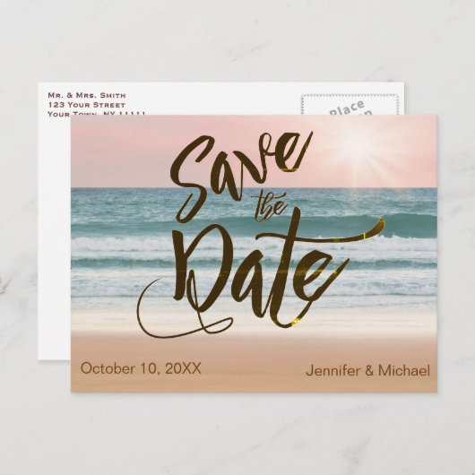 ピンクサンセット素朴ビーチ夏の日付を保存 案内ポストカード (正面/裏面)