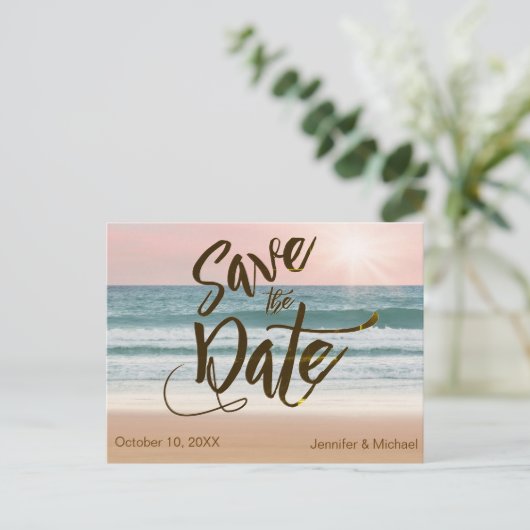 ピンクサンセット素朴ビーチ夏の日付を保存 案内ポストカード (スタンド正面)