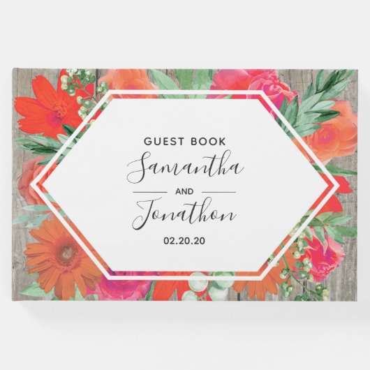 ピンクサンセット開花フローラ結婚フレームズゲストブック ゲストブック (正面)