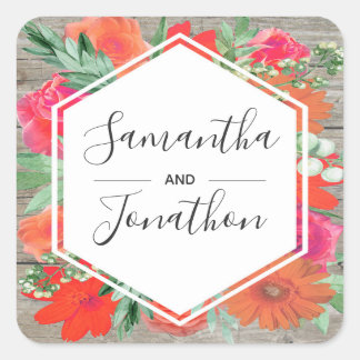 ピンクサンセット開花フローラ結婚フレーム スクエアシール