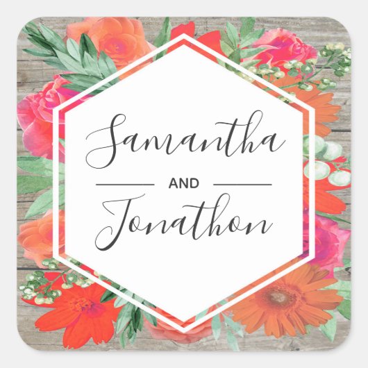 ピンクサンセット開花フローラ結婚フレーム スクエアシール (正面)