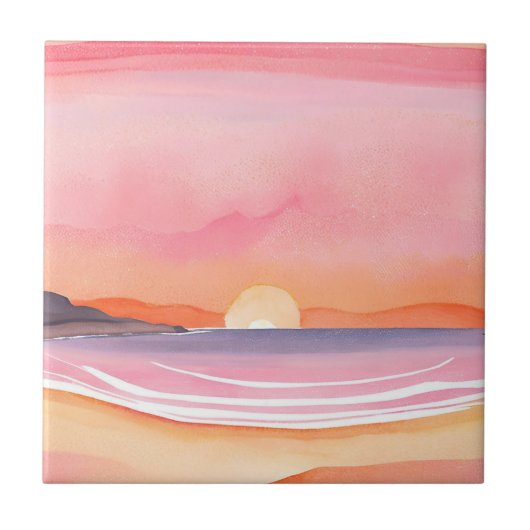 ピンクサンセット|水彩ビーチ空の絵画 タイル (正面)