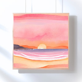 ピンクサンセット|水彩画のビーチの空の絵画 ポスター