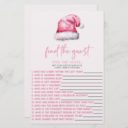 ピンクサンタはゲスト赤ちゃんシャワーゲームを見つける 便箋 (正面/裏面)