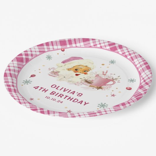 ピンクサンタクリスマスクッキー誕生日パーティー ペーパープレート (アングル)