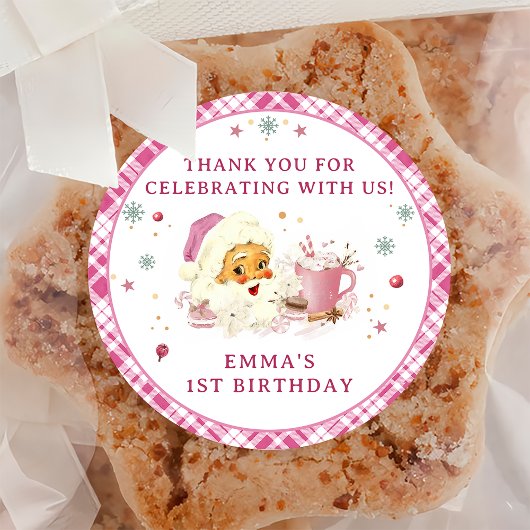 ピンクサンタクリスマスクッキー誕生日パーティー ラウンドシール