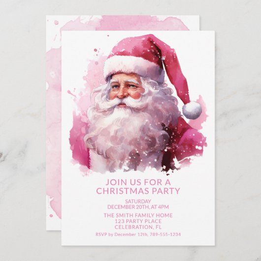 ピンクサンタクリスマスパーティの招待状 招待状 (正面/裏面)