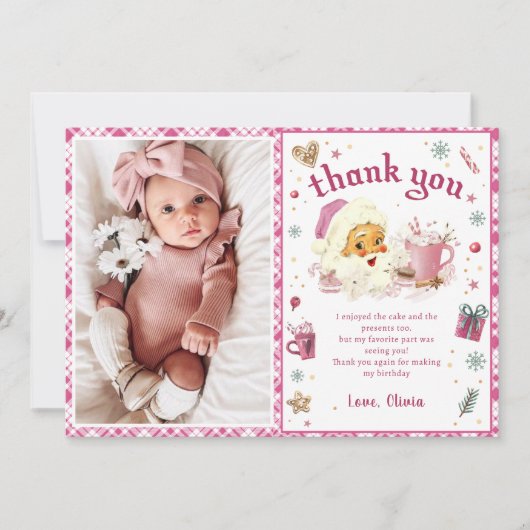 ピンクサンタクリスマス誕生日写真サンキューカード 招待状 (正面)