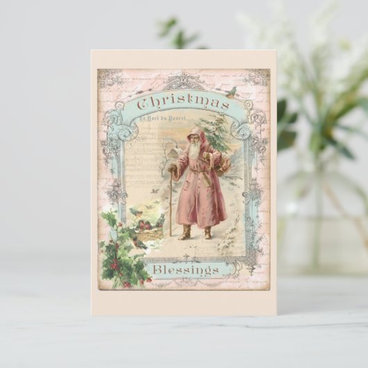 ピンクサンタクロースクリスマスビクトリアンスタイル サンキューカード (スタンド正面)