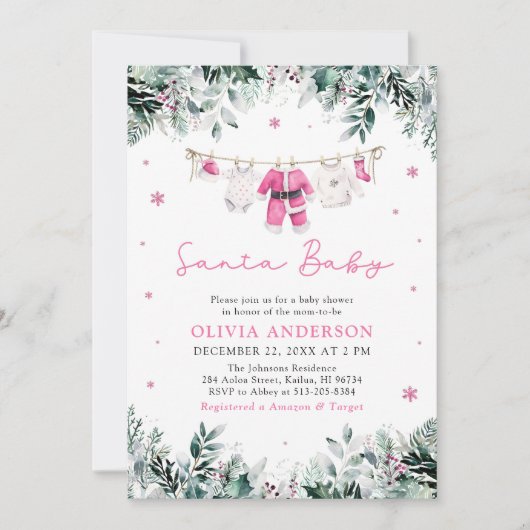 ピンクサンタベビークリスマスクロースレインベビーシャワー 招待状 (正面)