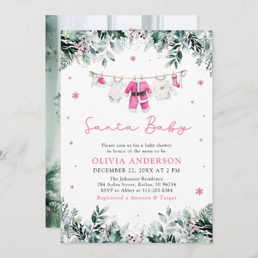 ピンクサンタベビークリスマスクロースレインベビーシャワー 招待状 (正面/裏面)