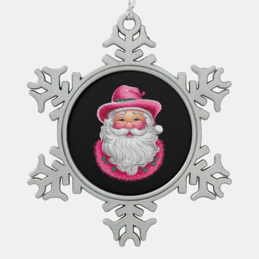 ピンクサンタレトロクリスマスマッチングファミリーパーティー スノーフレークピューターオーナメント (正面)