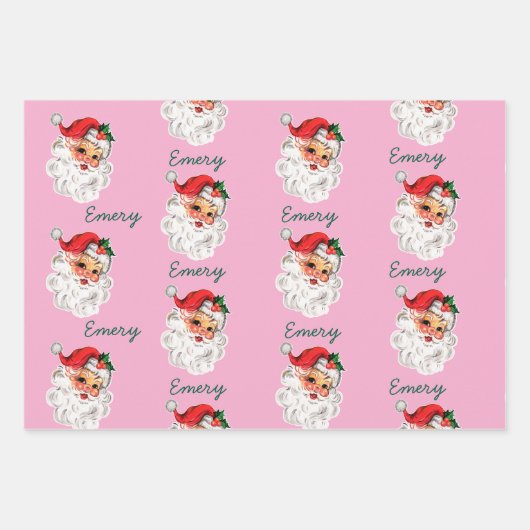 ピンクサンタ顔パーソナライズされたネームクリスマスカスタム ラッピングペーパーシート (正面3)