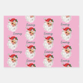 ピンクサンタ顔パーソナライズされたネームクリスマスカスタム ラッピングペーパーシート (正面2)