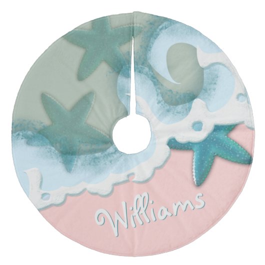 ピンクサンドグリーンシーウォーターティール（緑がかった色）ヒトデ沿岸 フリース ツリースカート (正面)