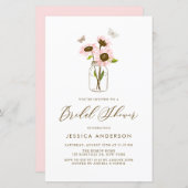 ピンクサンフラワーズインメイソンジャーブライダルシャワー招待状 (正面/裏面)