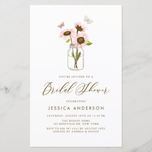 ピンクサンフラワーズインメイソンジャーブライダルシャワー招待状 (正面)