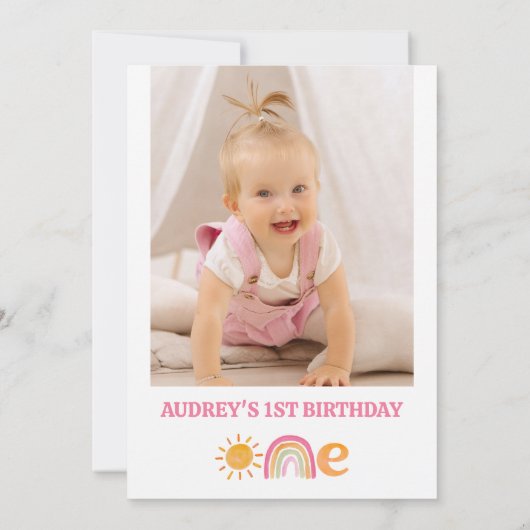 ピンクサンレインボー恋しく思オネダーフル1歳の誕生日 招待状 (裏面)