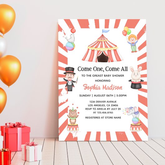 ピンクサーカスカーニバルベビーガールシャワー 招待状
