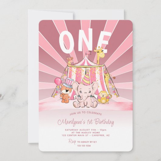 ピンクサーカスビッグトップ1st誕生日 招待状 (正面)