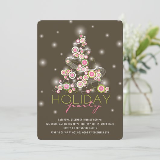 ピンクサークルスパークルスクリスマスツリーホリデーパーティー 招待状 (スタンド正面)