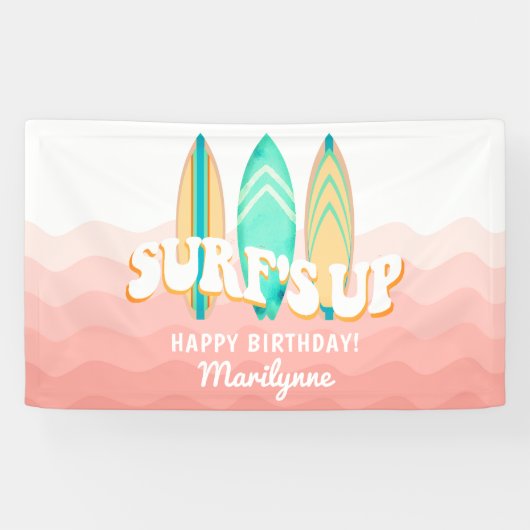 ピンクサーフィンアップサーフボード 誕生日 横断幕 (横)