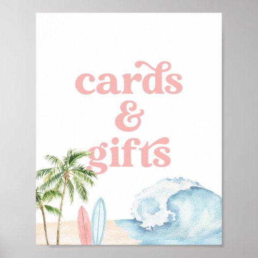 ピンクサーフビーチベビーシャワーカードとギフトサイン ポスター (正面)