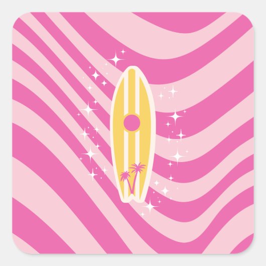 ピンクサーフボード、ビーチアート、トロピカルビブ名門私立校風の、 スクエアシール (正面)