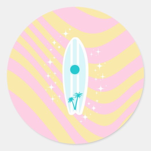 ピンクサーフボード、ビーチアート、トロピカルビブ名門私立校風の、 ラウンドシール (正面)