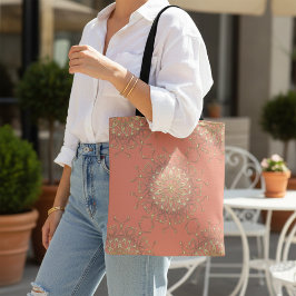 ピンクサーモンと金ゴールドフィリグレのマンダラとダイヤモンド トートバッグ