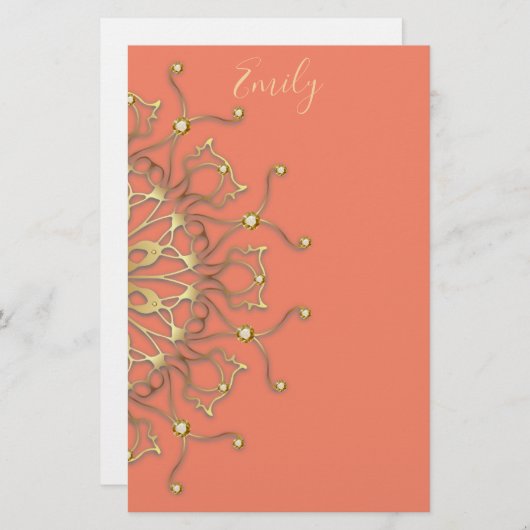 ピンクサーモンと金ゴールドフィリグレのマンダラとダイヤモンド 便箋 (正面/裏面)