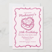 ピンクザガールハートコケットさくらんぼケーキ誕生日 招待状 (正面)