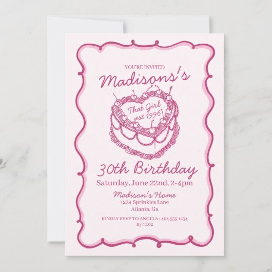 ピンクザガールハートコケットさくらんぼケーキ誕生日 招待状 (正面)