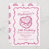 ピンクザガールハートコケットさくらんぼケーキ誕生日 招待状 (正面/裏面)