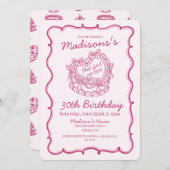 ピンクザガールレトロハートコケットケーキ誕生日 招待状 (正面/裏面)