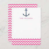 ピンクシェブロンいかりモノグラム文具招待状 ノートカード (正面/裏面)