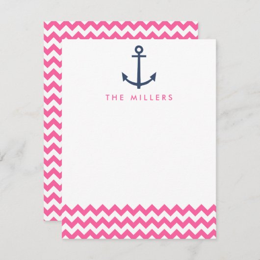 ピンクシェブロンいかりモノグラム文具招待状 ノートカード (正面/裏面)