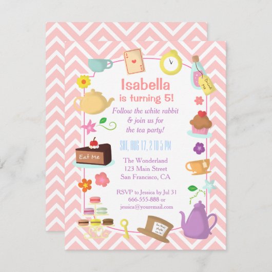 ピンクシェブロンアリスインワンダーランドティーパーティー 招待状 (正面/裏面)