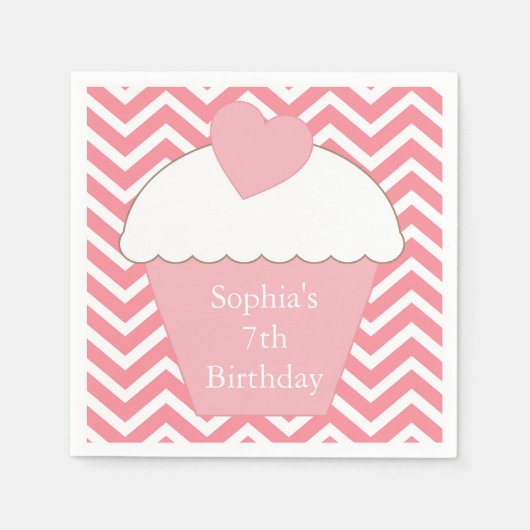 ピンクシェブロンカップケーキ スタンダードカクテルナプキン (正面)