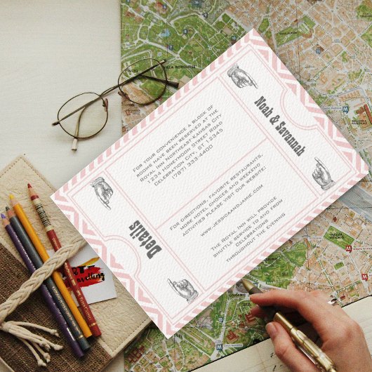 ピンクシェブロンジグザグザモダングヴィンテージ結婚チケット エンクロージャーカード