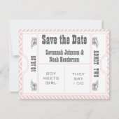 ピンクシェブロンジグザグザモダングヴィンテージ結婚チケット セーブザデート (正面)