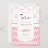 ピンクシェブロンストライプ水玉模様ツインズベビーシャワー 招待状 (正面)